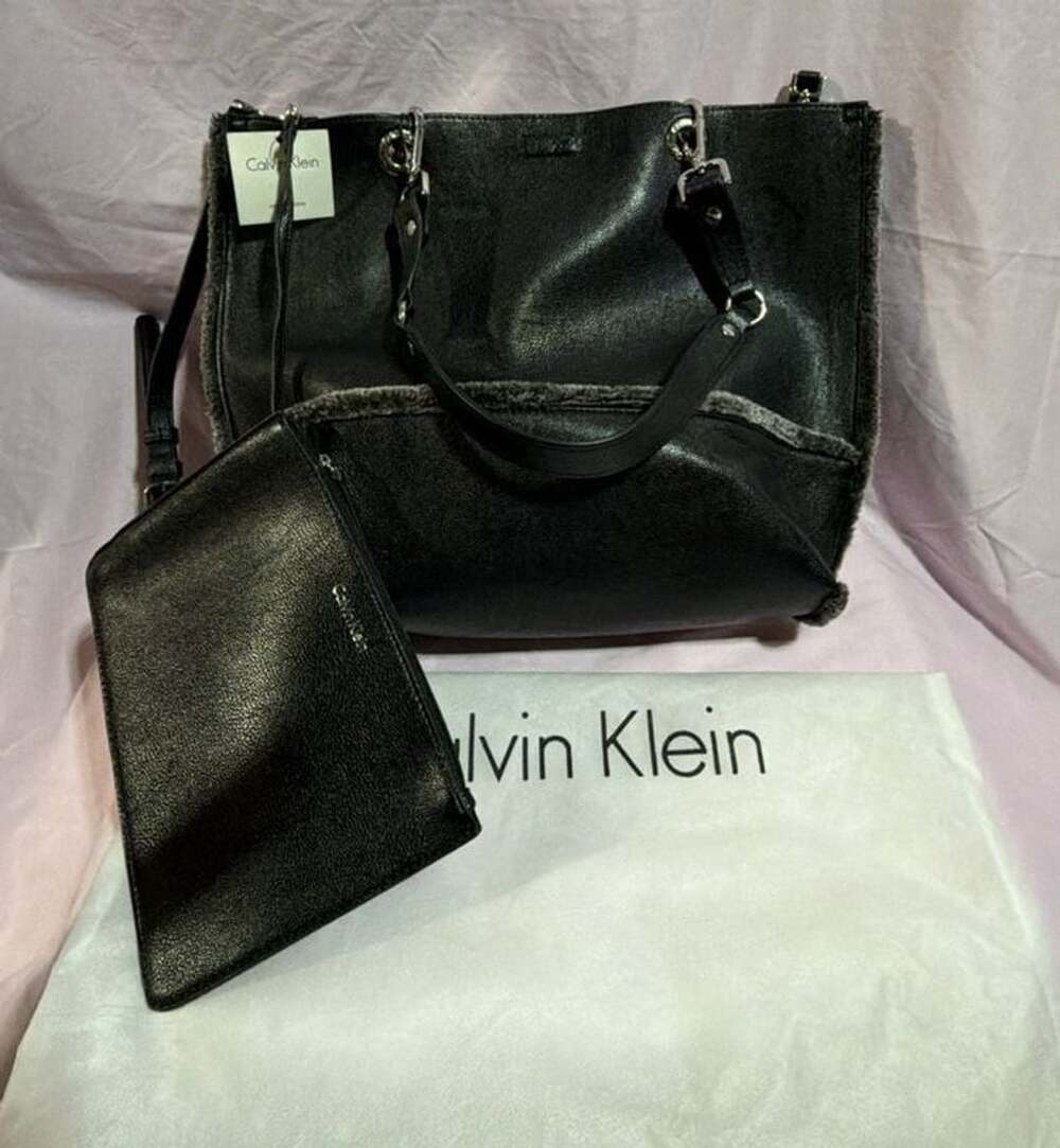 Calvin Klein Reversible Tote Bag Black Shearling Trim With Pouch